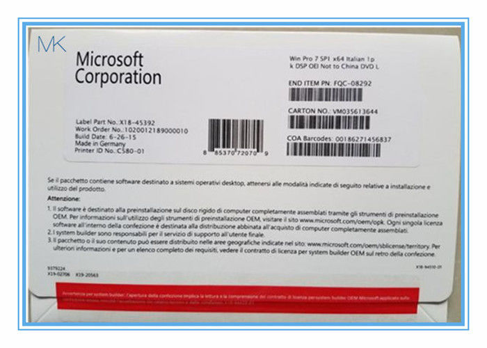 Aggiornamenti genuini di Microsoft Windows di chiave dell'OEM per Windows 7 32 versione dell'italiano del bit/64 bit
