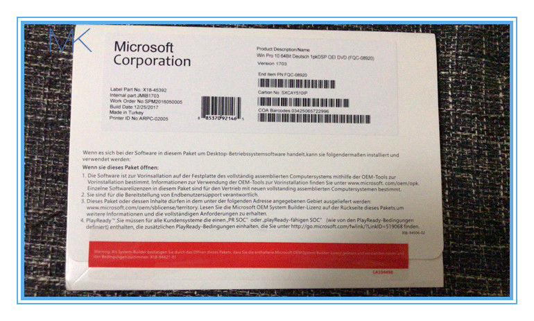 FQC-08981 Windows 10 Pro DVD Box 32 64 bit con requisiti di sistema processore a 1 GHz