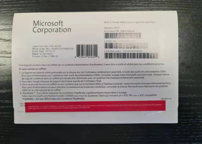 Versione domestica della licenza 21H2 della chiave a tubo dell'OEM di DVD di KW9-00636 UEFI Microsoft Windows 11